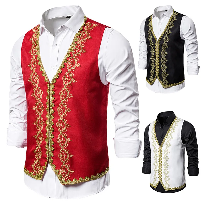 

Gold Embroidery Baroque Vest Stage Stylish Men Slim Fit Palace Prince Red Vests Waistcoat Men Prom Drama Opera Costume Gilet