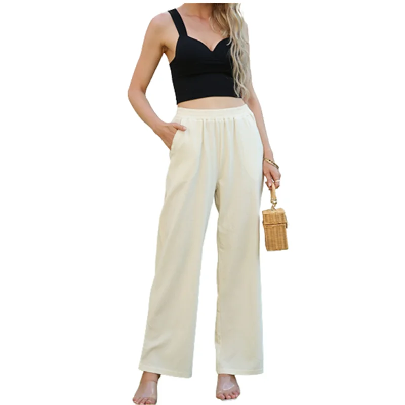 

Casual Elastic Waist Straight Loose Pocket Women's Pants Korean Fashion Streetwear Solid Pant For Women 2023 Autumn New Trousers