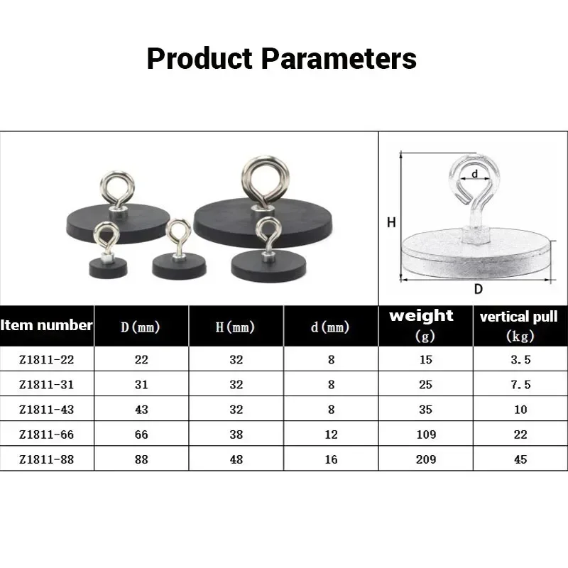 5Pcs Strong Magnetic Hooks Rubber Coated Hanging Ring Magnets D22/31/43/66/88mm Strong Neodymium Magnets Fishing Salvage Search neodymium magnets magnetic hooks fishing magnets round magnets