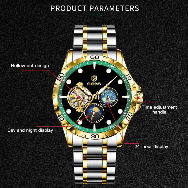 GLENAW New Brand Moon Phase Luxury Man watch Stainless steel Waterproof watch for men Mechanical Luminous Men's watches Clock