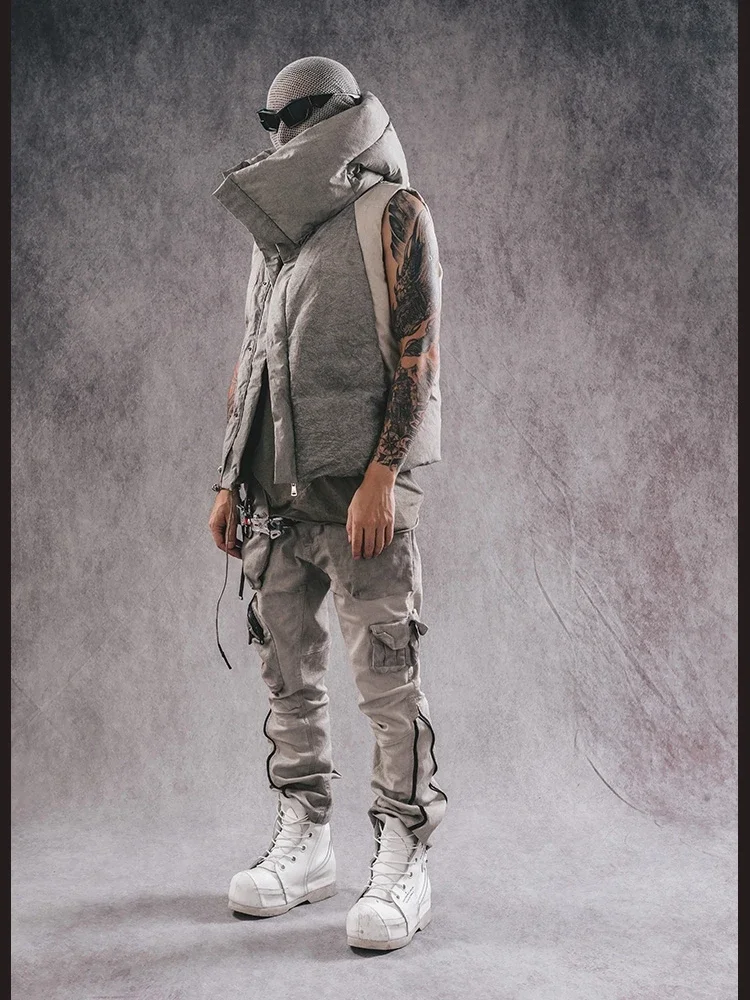 WasteLand Frost Color Turtleneck Collar Distressed Color Matching Oblique Zipper Warm down Hooded All-Matching Outer Wear Vest