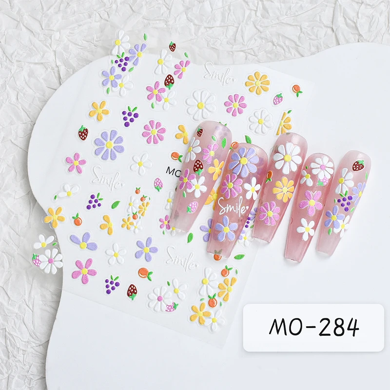 Adesivos de unhas com flores de primavera em relevo, desenhos animados, letras florais/coelho/morango, slider para meninas, crianças, decalque de manicure diy