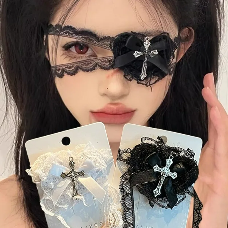 Sweet Cool Black White Lace Bows Heart Cross Eye Mask for Women Girls Subculture Lolita Dark Gothic Cosplay Party Accessories