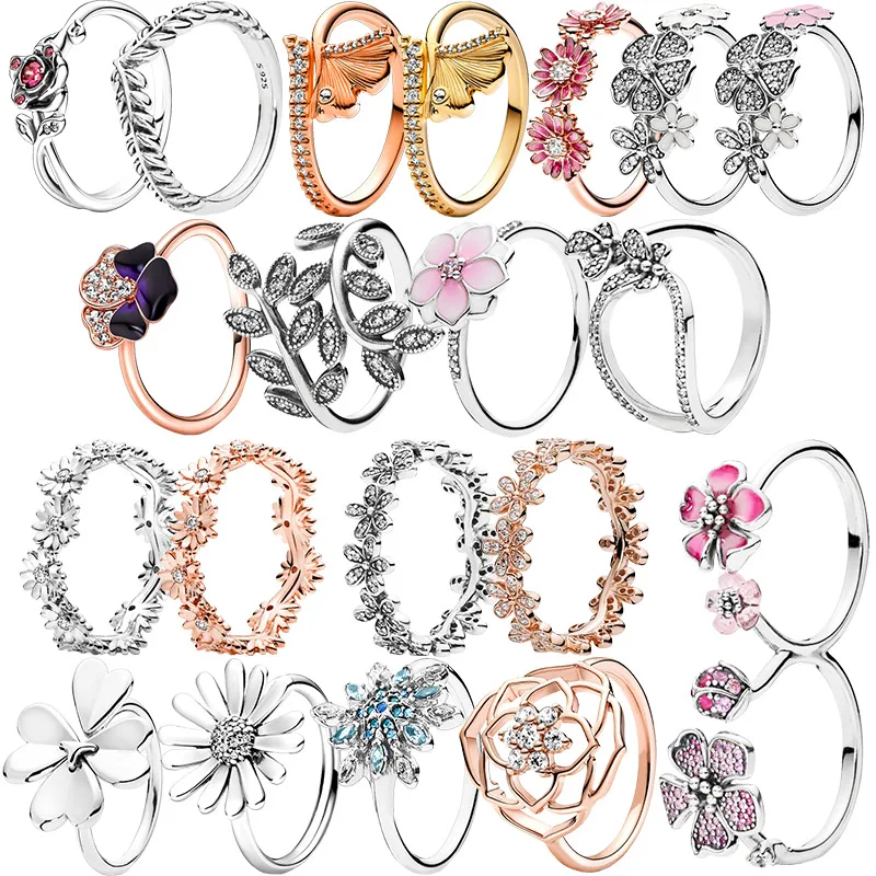 925 Sterling Silver Rose Gold Peach Blossom Daisy Clover Ginkgo Leaf Clear Zircon CZ Rings For Women Anniversar Wedding Jewelry women 925 sterling silver rings with rose gold freehand hearts crystal finger ring crown for women wedding party jewelry