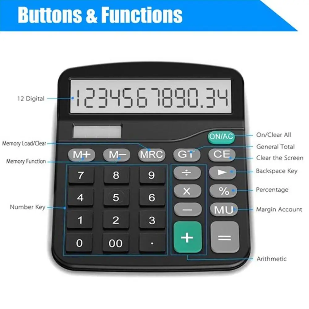 Solar/Battery Electronic Desk Calculator Extra Large Display Business 12 Digit