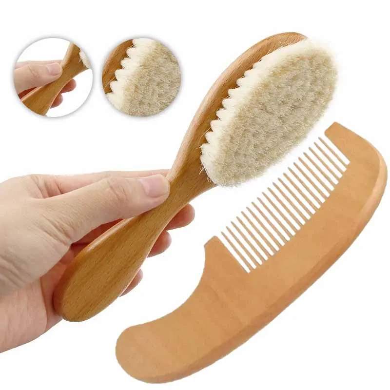 Hair Comb Set 2pcs Baby Natural Wool Wooden Brush Comb Newborn Hairbrush Head Massager Bath Brush Kids Comb