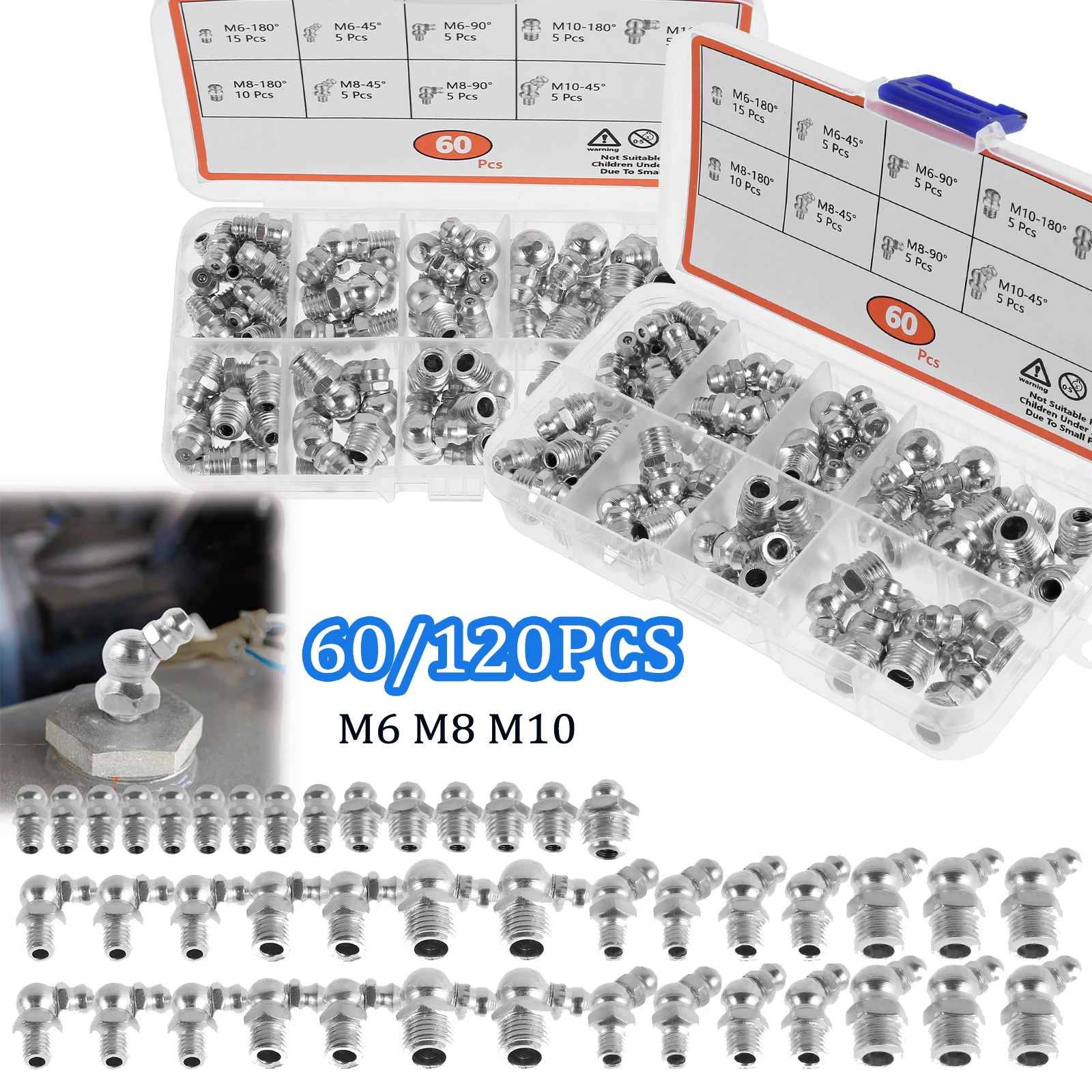 Metric Grease Fitting Assortment Straight 45&deg;/90&deg;Angled M6 M8 M10 Galvanized Metal Grease Nipple Motorcycle Truck 60/120Pcs