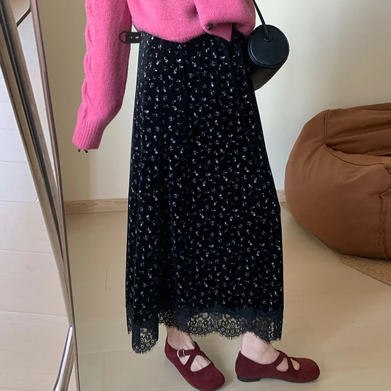 Good Quality Pregnant Woman Floral Skirts for Autumn Winter Korean Style Maternity Velour Belly Skirt Irregular Lace Patchwork