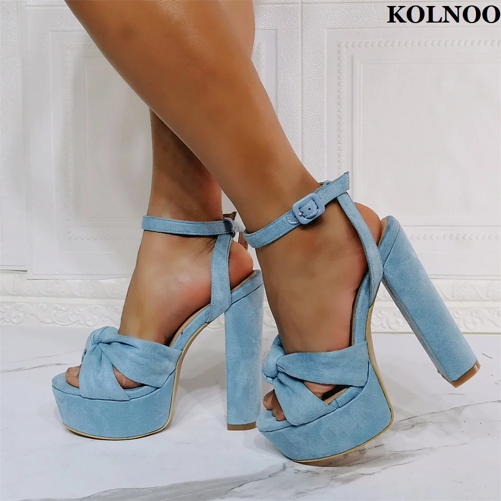 

Kolnoo New Arrival Hot Sale Handmade Ladies Chunky Heels Sandals Buckle Strap Sexy Platform Evening Club Fashion Prom Blue Shoes