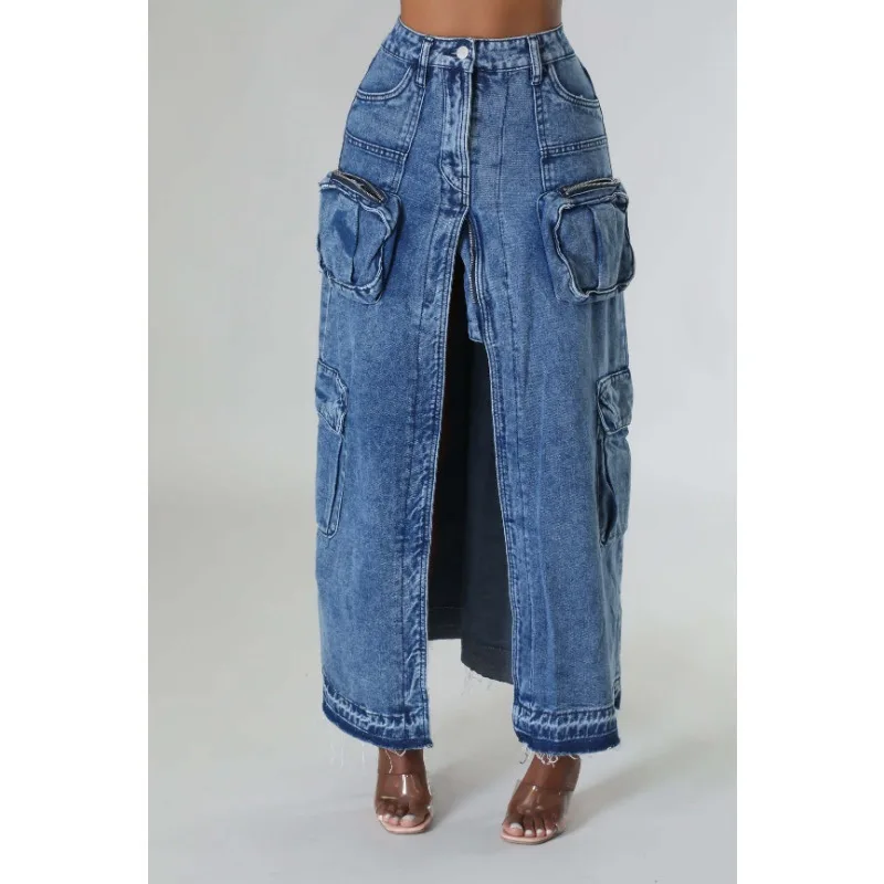 Women's Fashion High Waist Front Split Denim Skirt Temperament Commuting Female Casual Pocket Design Elegant Cargo Skirts