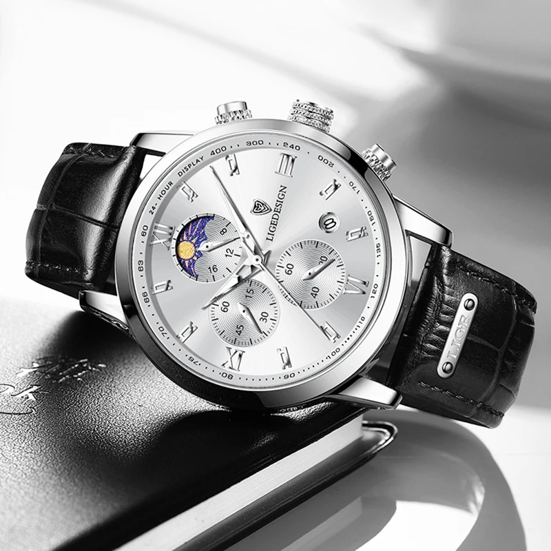 LIGE New 24 hour Moon Phase Watch Men Fashion Army Military Quartz Men Watch Leather Waterproof Sports Chronograph Reloj Hombre
