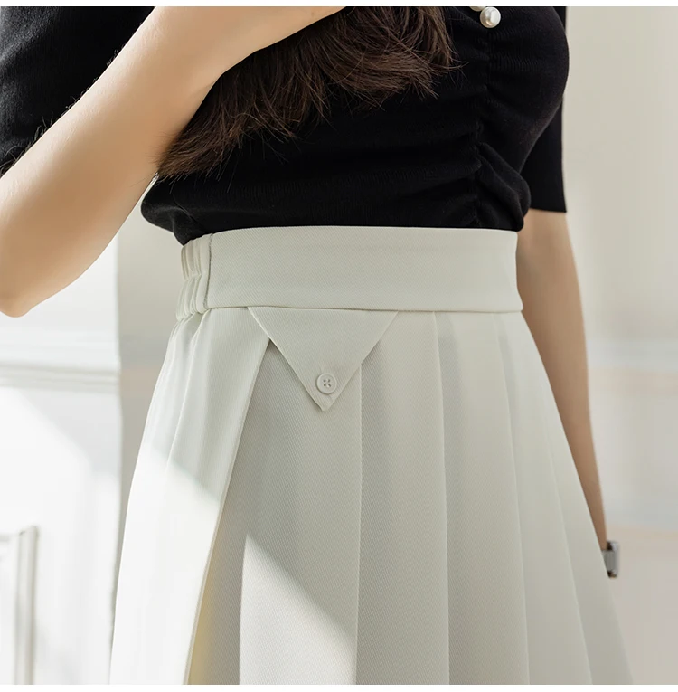 2022 Spring Summer Women's Elegant Pleated Suit Skirts High Waist Fashion Office Ladies Elastic Waist A-line Midi Skirt Vintage brown skirt