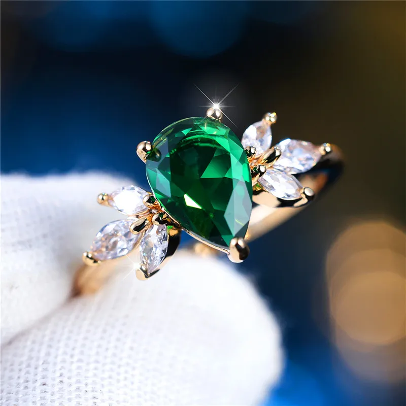 Cute Female Pear Cut Green Zircon Stone Water Drop Ring Charm Gold Color Wedding Jewelry For Women wedding rings,womens ring,jewelry rings,ring jewelry