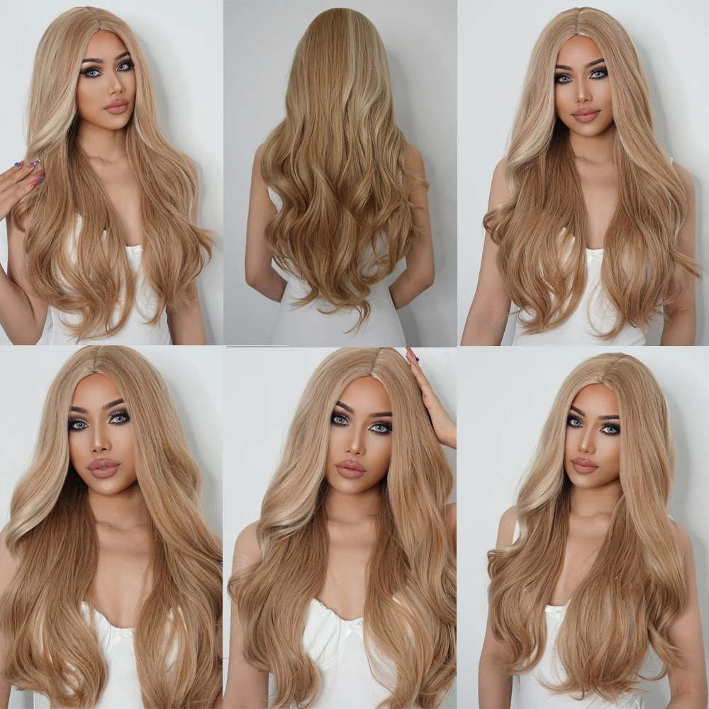 EASIHAIR Golden Highlight Blonde Long Wavy Synthetic Wigs Middle Part Natural Hairs for Women Daily Party Heat Resistant Fibers_voghion.com