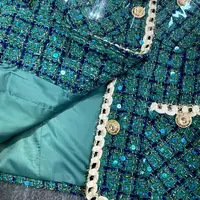 Costume élégant Vintage en Tweed parfumé pour femmes, manteau, haut et jupe, ensemble deux pièces, tenue verte, vêtements de fête en Jacquard d'hiver 5