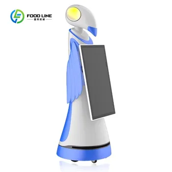 Guida turistica aziendale del robot per reception commerciale umanoide su grande schermo con funzione di benvenuto dell'intelligenza artificiale