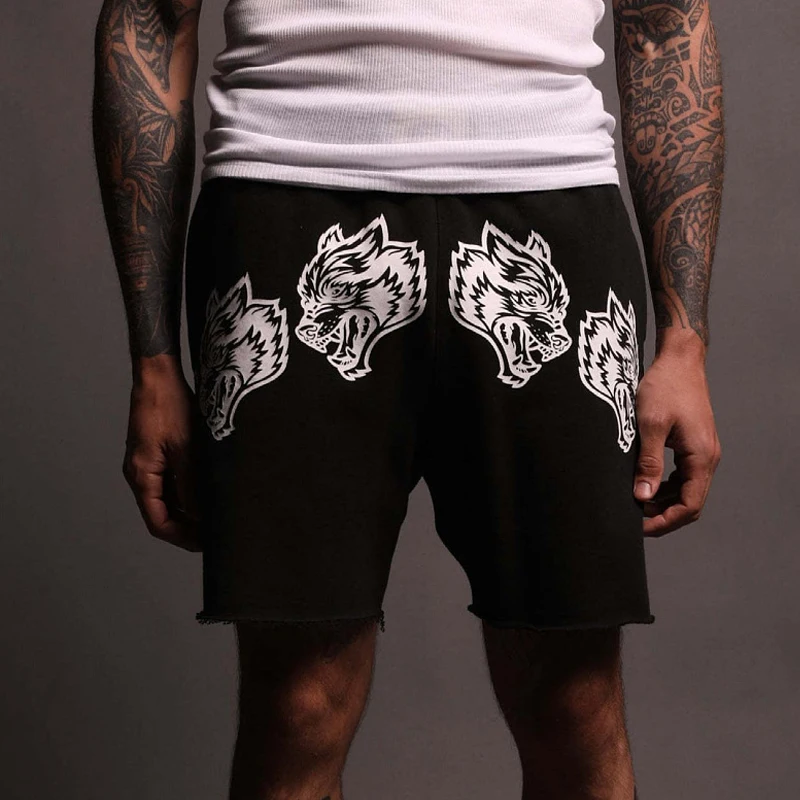 Summer new cotton casual men's five quarter pants printed Wolf head men's shorts outdoor fitness exercise pants