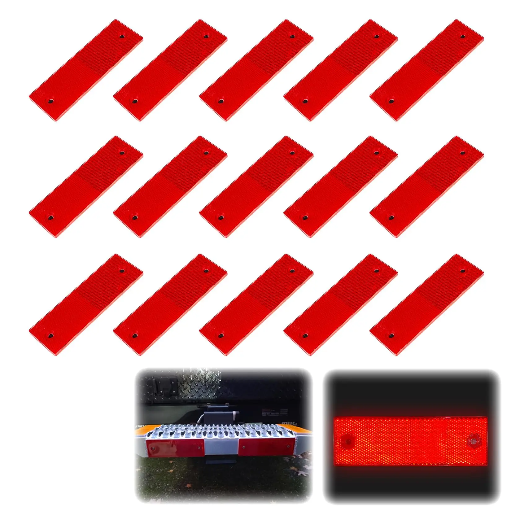 15 pezzi Riflettori rettangolari rossi Riflettori autoadesivi con fori per montaggio a vite per rimorchi Camion Bici Striscia riflettente di sicurezza