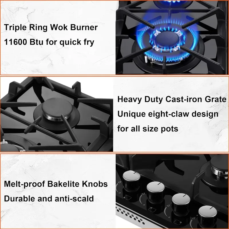Gas Stove Top 24 inch Eascookchef,24 inch Gas Cooktop 4Burner,Gas Stove Top NG/LPG Convertible,Black Tempered Glass Dual Burners 3
