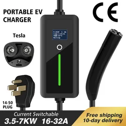 LONLINK 5M Electric Car EV Portable Charger 32A 7KW EVSE Charging Cable 14-50 Plug Controller Wallbox Delayed Charging For Tesla
