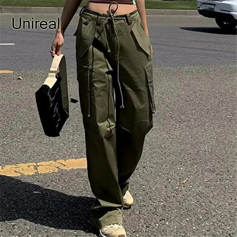

Unireal 2022 Spring Autumn Y2k Women Cargo Pant High Waist Solid Green Pockets Vintage Streetwear Casual Straight Pant Bottoms