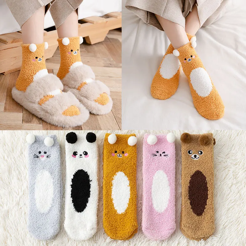 

Women Cute Cartoon Animal Fuzzy Socks Winter Warm Fleece Kawaii Panda Bear Cat Fluffy Socks Casual Fashion Home Floor Sleep Sock