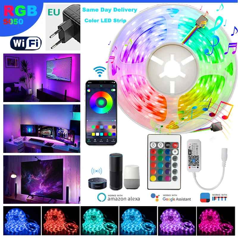 12V LED Strip Light with 24 Key WIFI Control 5050 LED Strip RGB Lamp for Bedroom Decoration Ribbon TV Backlight Alexa Magic Home led backlight for fixed frame projector screen rgb light strip multi color remote control ai change easy install home decoration