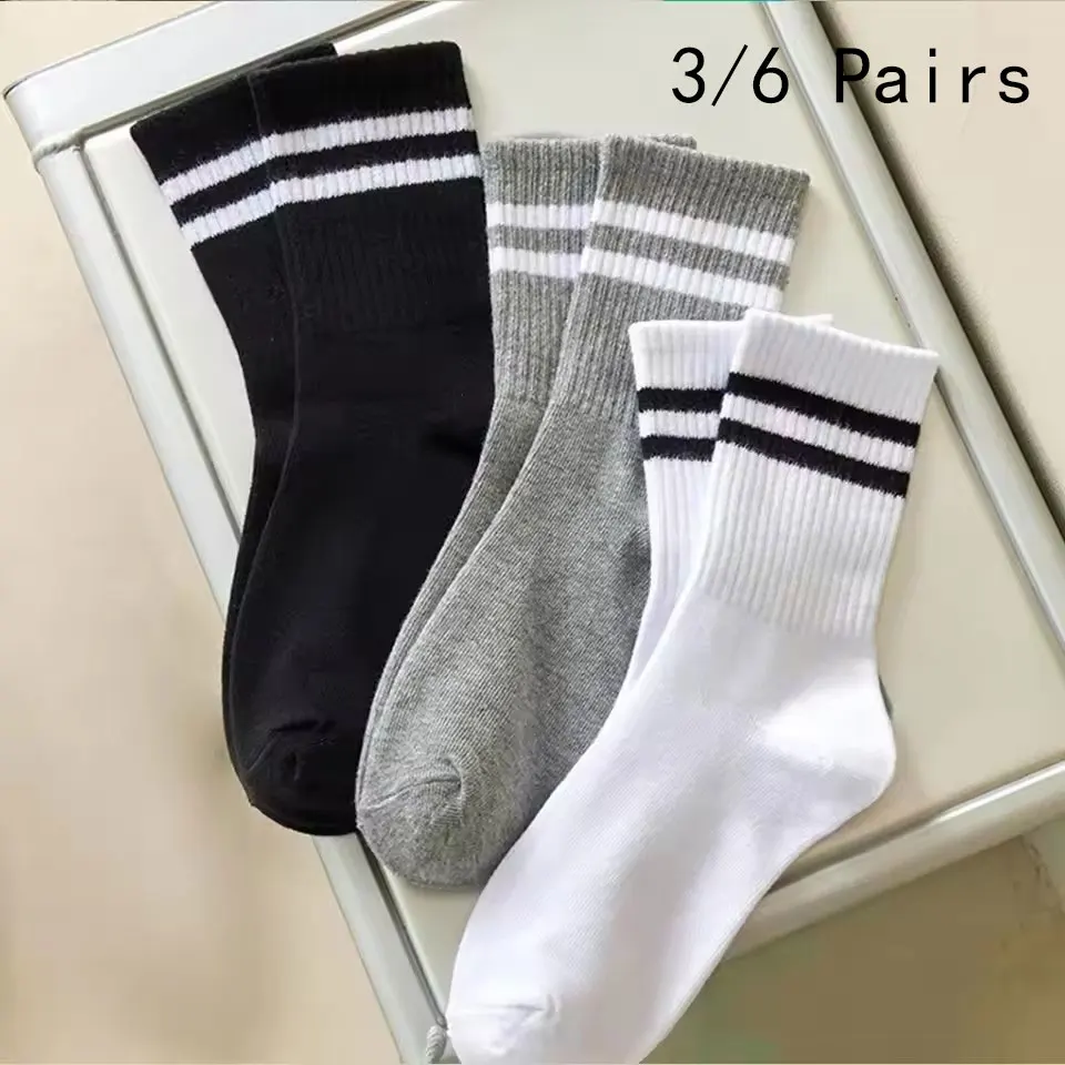 Women Mid Tube Socks 3/6 Pairs Fashion Breathable Sports Socks Classic Parallel Bar Pattern Sweat Wicking Non Pilling Girl sports socks
