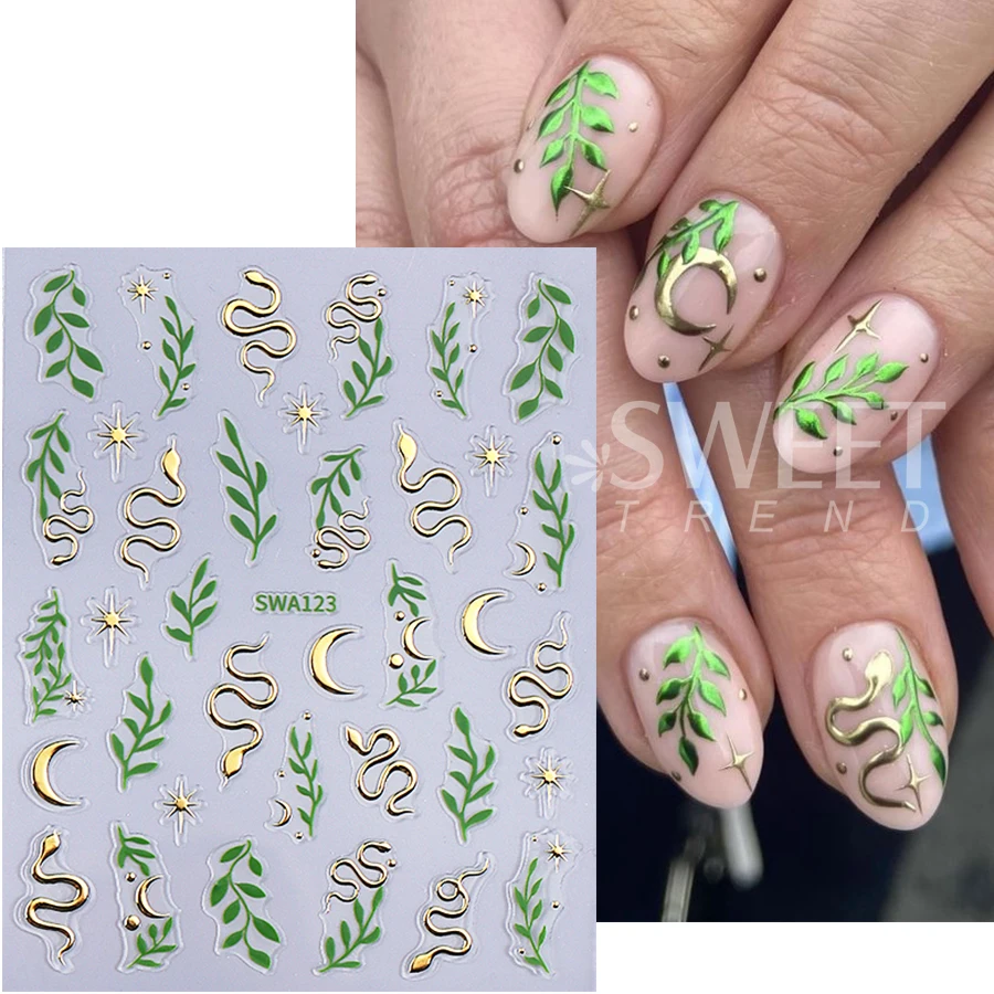 2pcs Metallic Snake Nail Stickers 3D Green Gold Leaves Stars Moon Line Design Nail Decals DIY Holographic Manicure Slider Decor