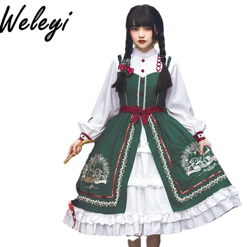 

Winter Princess Lolita Midi Dress Ladies Autumn Gothic Sweet Woman's Fake Two Pieces Large Swing Puffy Dresses with Capes Coat