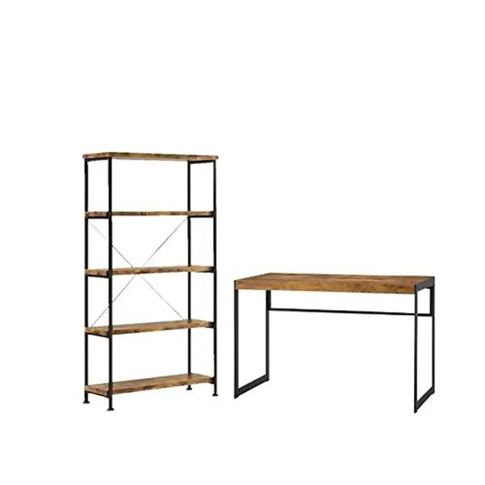 Office Set with Bookcase and Desk Antique Nutmeg Wood Finish 2 Piece Set Durable Metal Base 4 Shelf Display Spacious and Stylish 3