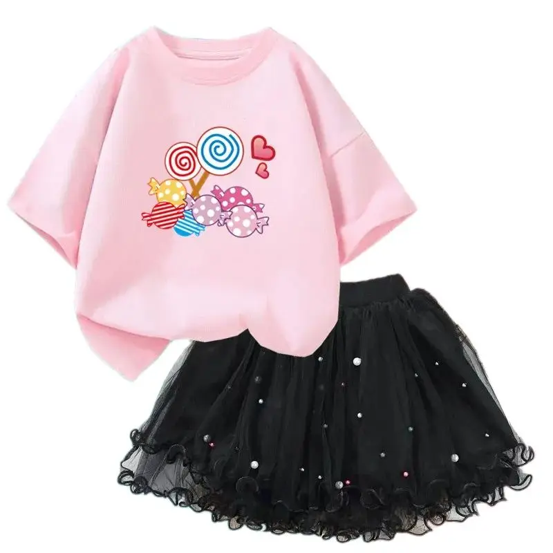 2024 New Summer Girls Candy lollipop T-shirt+ Tutu Skirt 2Pcs Outfits For Kids Party Birthday Clothes