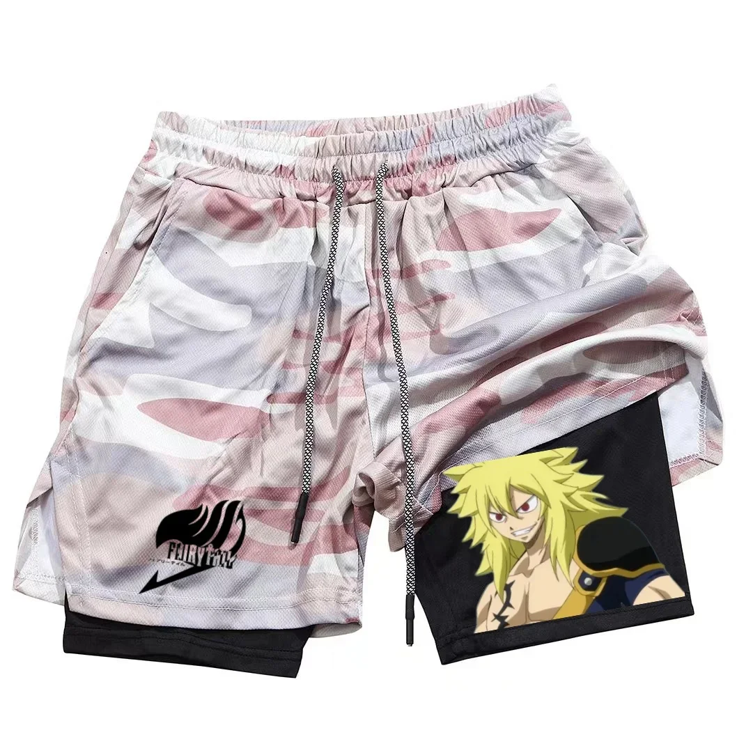 Men's double layered animated fairy tail shorts, gym training print sportswear, multifunctional, quick drying, running, M-3XL 5