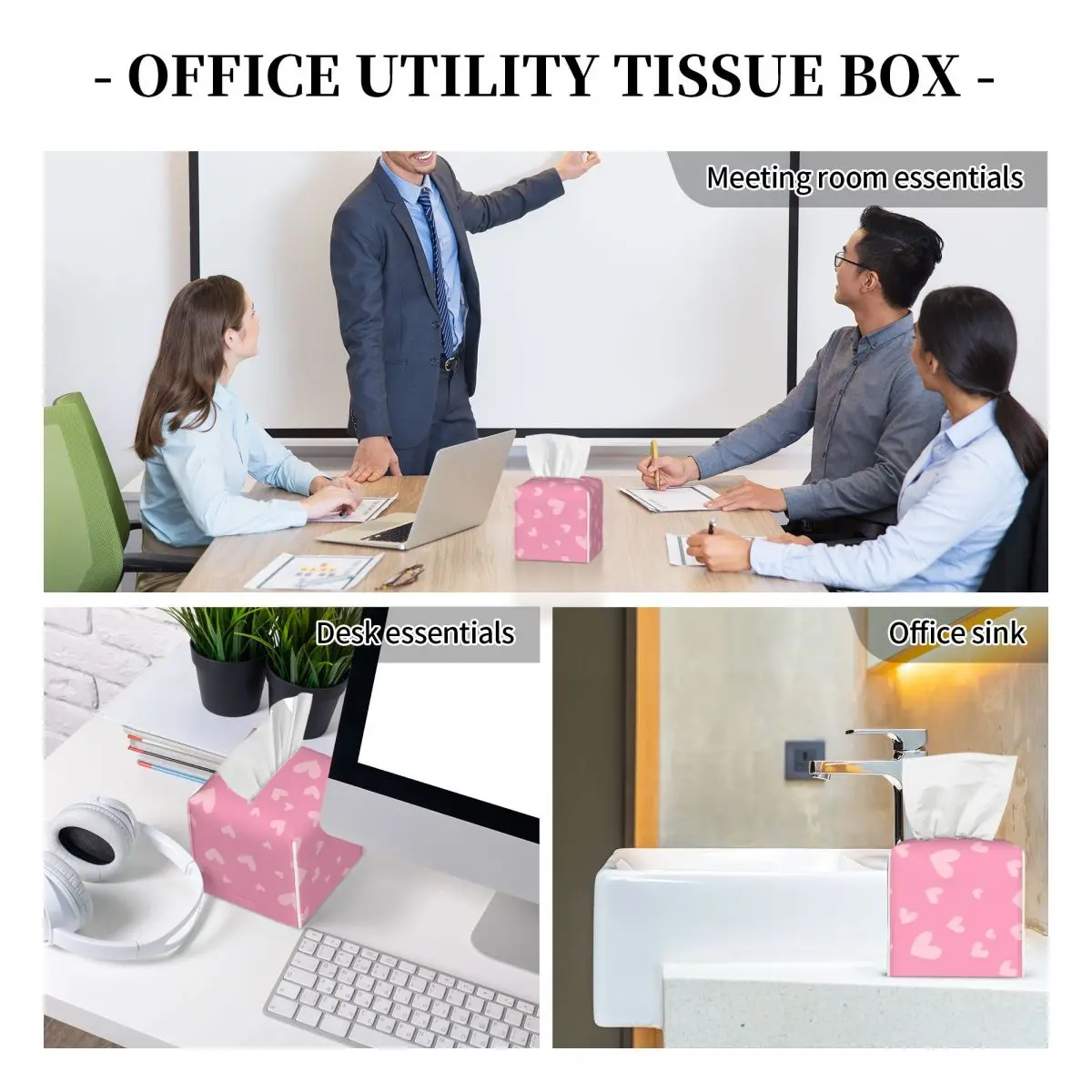 Custom Pink Hearts Pattern Tissue Box Cover Square PU Leather Facial Tissues Holder for Home 6