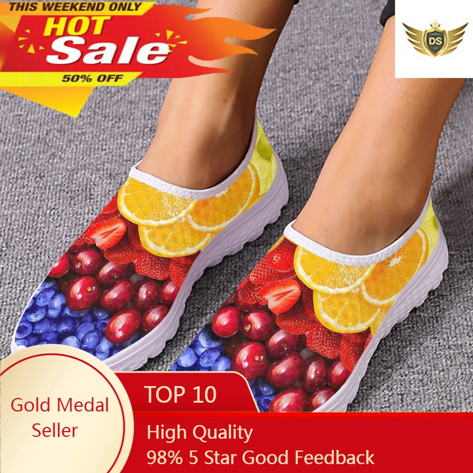 Summer Tropical Fruit 3D Printing Women Flat Shoe Breathable Slip-on AF Mesh Sneakers Lightweight Lazy Loafers