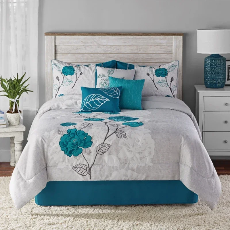 

Mainstays 7-Piece Embroidered Teal Roses Bed in a Bag Comforter Bedding Set