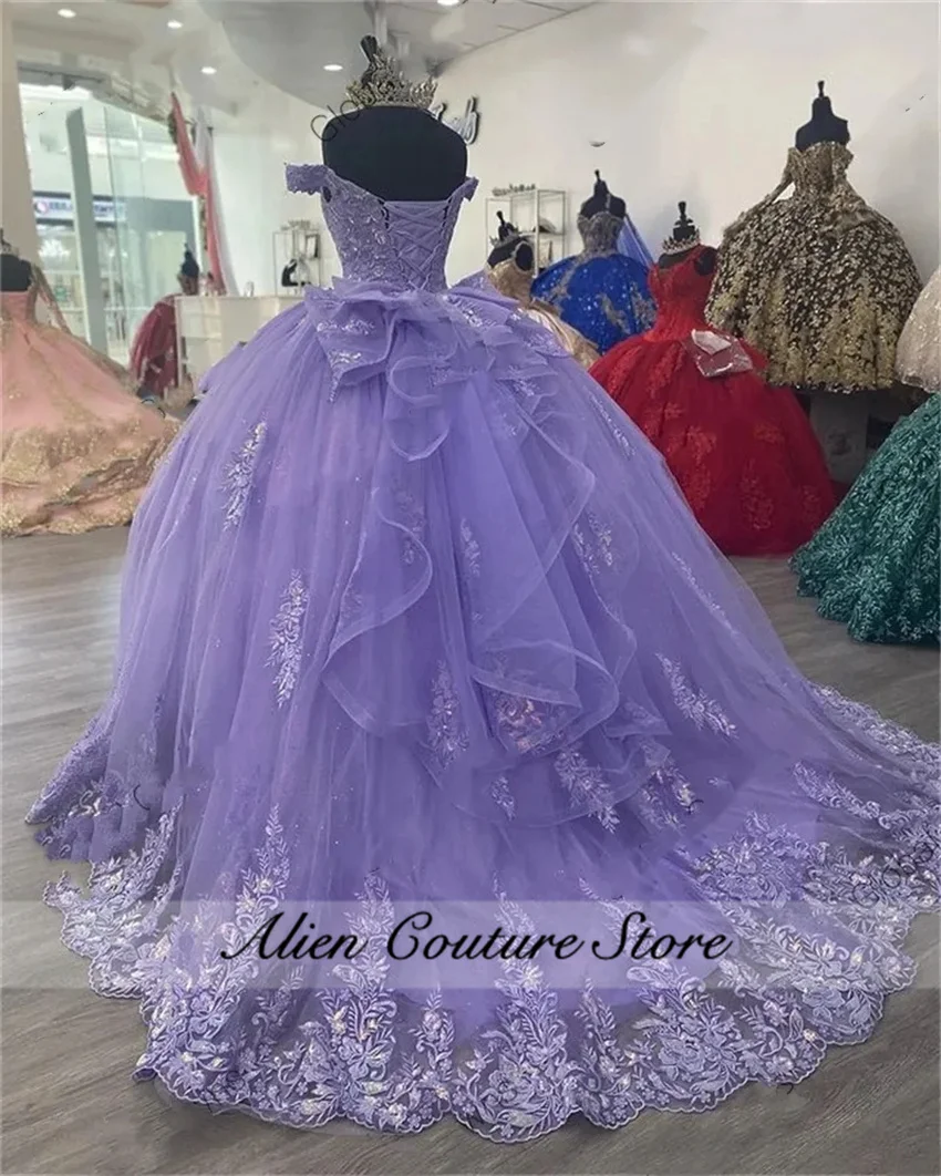 Purple Tulle Quinceanera Dress Ball Gown Bow Beaded Applique Birthday Dress Vestidos De 15 A&ntilde;os Customized