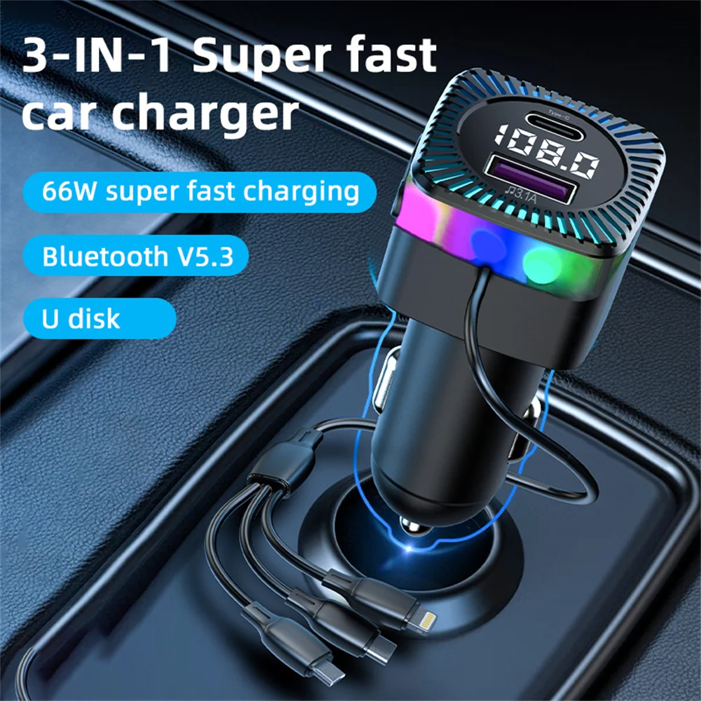 

Автомобильный Bluetooth 5,3 FM-передатчик, беспроводной аудиоприемник, Автомобильный MP3-плеер 66 Вт PD, быстрое зарядное устройство для окружающей среды, универсальное зарядное устройство