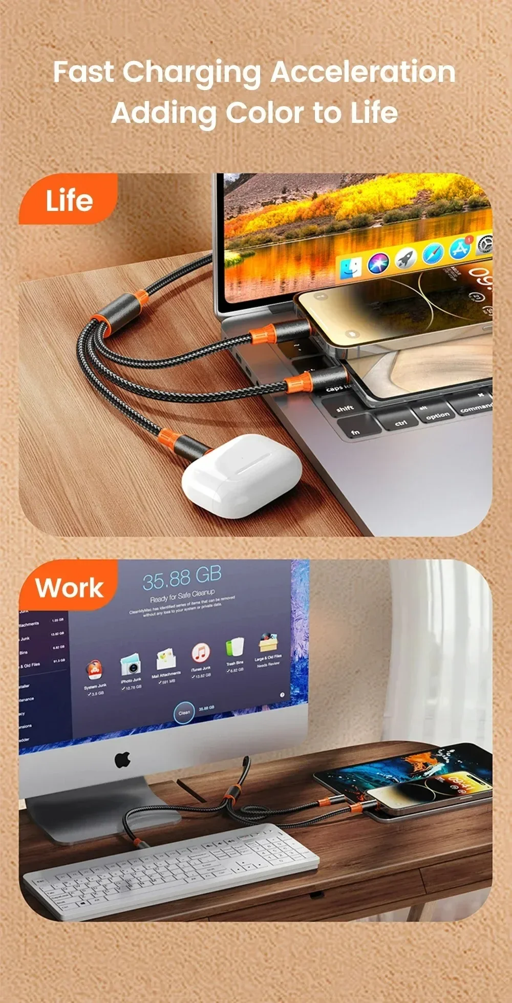 3 in 1 USB Braided Cable Type C Cord Line Fast Charging Mobile Phone USB C Data Cable For iPhone 15 Pro Samsung Xiaomi Huawei