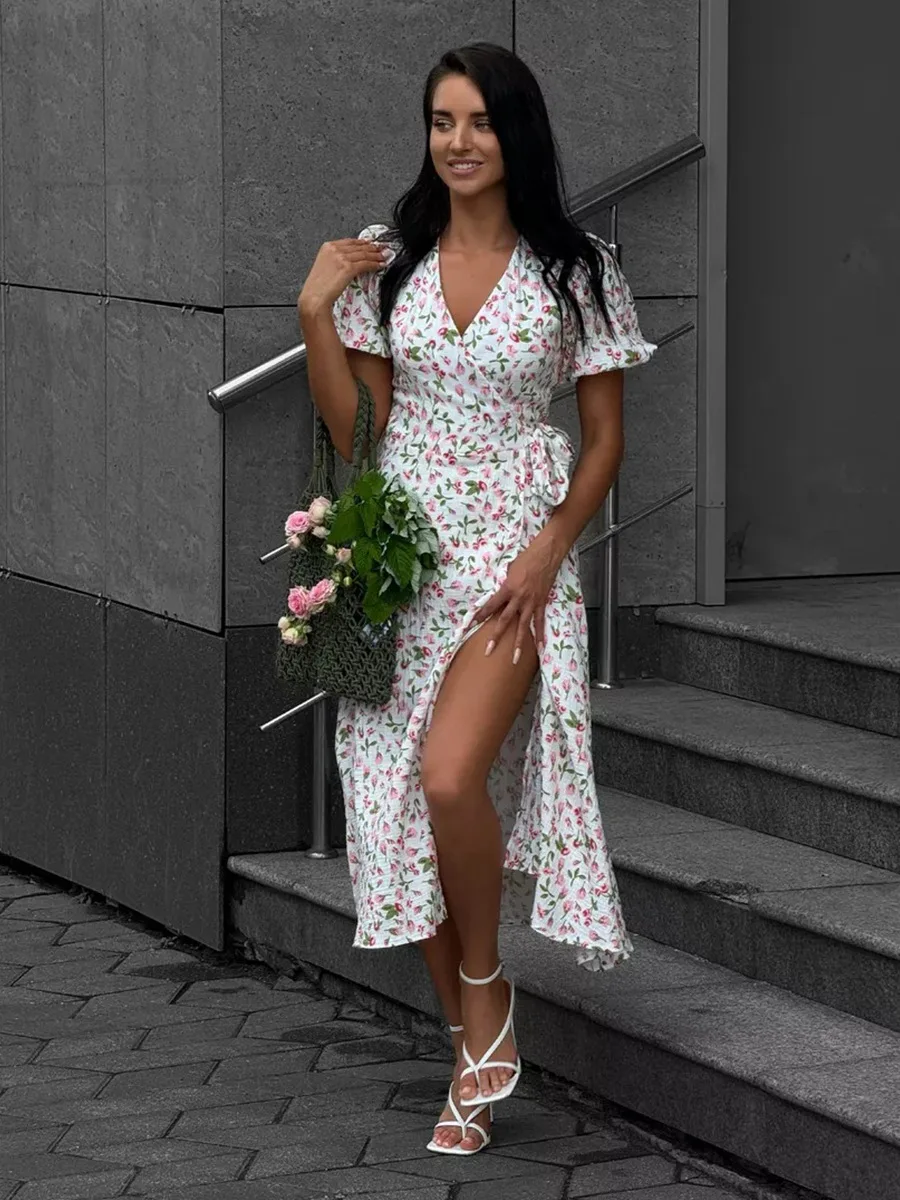 Women's Loose Fit Cotton Blend Maxi Dress with V-Neck & Short Sleeves Scf5a000cd57441108c54d6eb9d264f5ek
