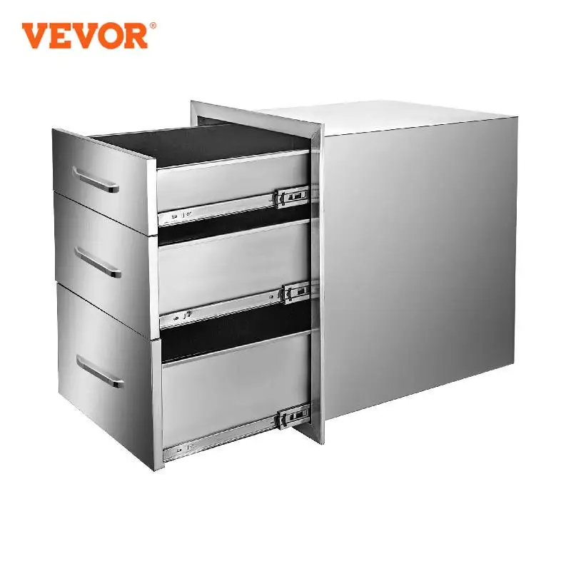 VEVOR Stainless Steel Outdoor Kitchen Drawer Triple Tier W/ Handle & Venting Panel Cabinet BBQ Island Storing Cookware Tableware