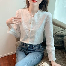 

Spring New Solid White Lace Women Shirt V-neck Fashion Pearl Button Blouse Fairy Ladies Blouse Tops Blusas Mujer De Moda 2022