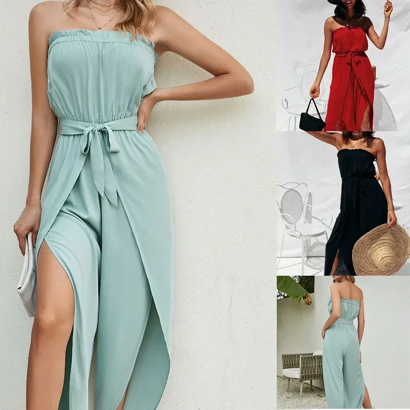 

Women Strapless One Piece Tube Top Lace Up Rompers Sleeveless Wide Leg Pants Summer Jumpsuit Elegant Solid Overalls Office Lady