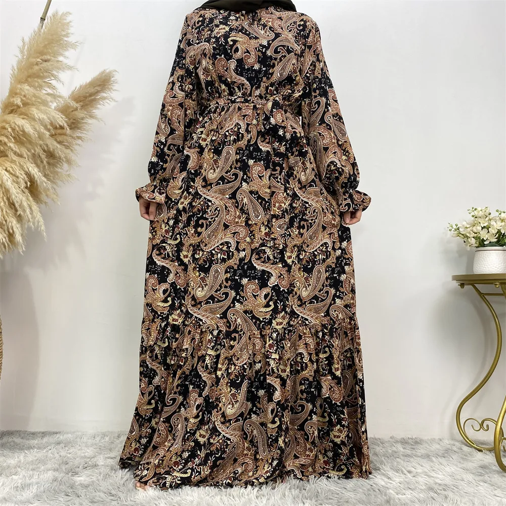 

New Muslim Fashion Print Casual Dress Swing Tie Dubai Turkey Dress muslim dress women turkish hijab kleider für sommer