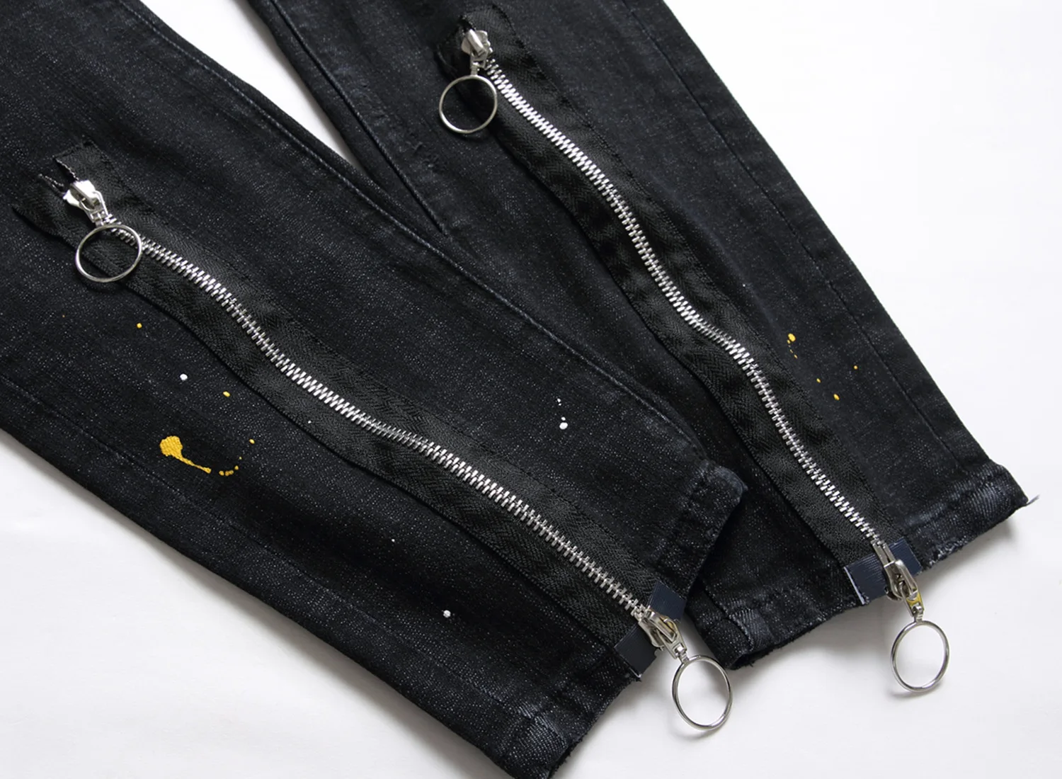 European and American fashion brand black trouser legs double zipper decorative point paint hanging  stretch jeans men