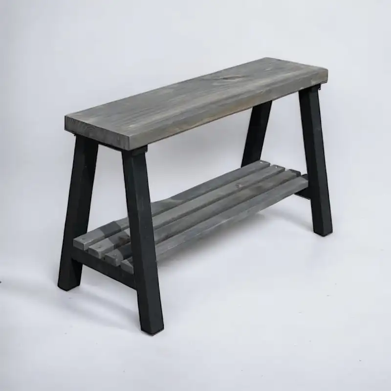 

Rustic Farmhouse Pine Wood Storage Shelf Bench, Gray/Black
