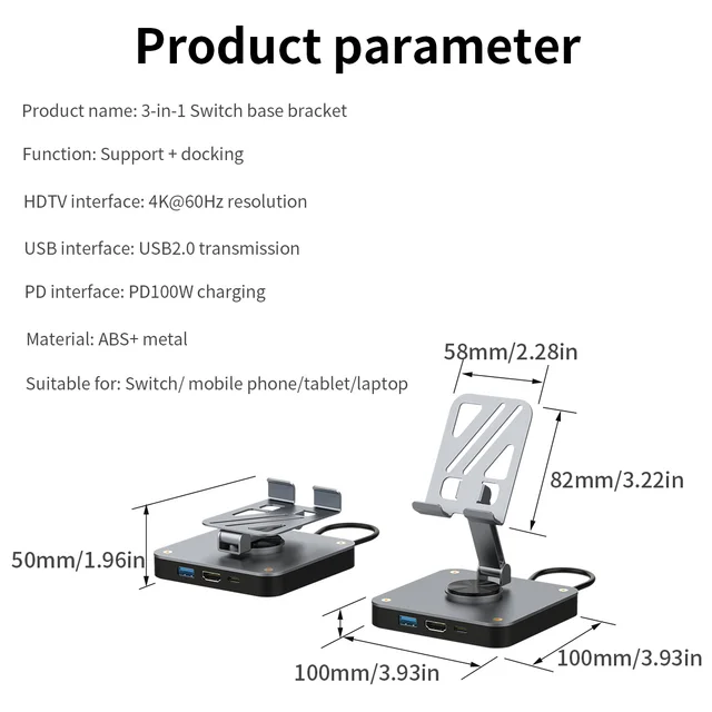 USB C HUB 3 in 1 Type C 2.0 to HDMI 4K60Hz Docking Station USB C Hub with Rotatable Cellphone Stand for Switch, Phone, Laptop 3