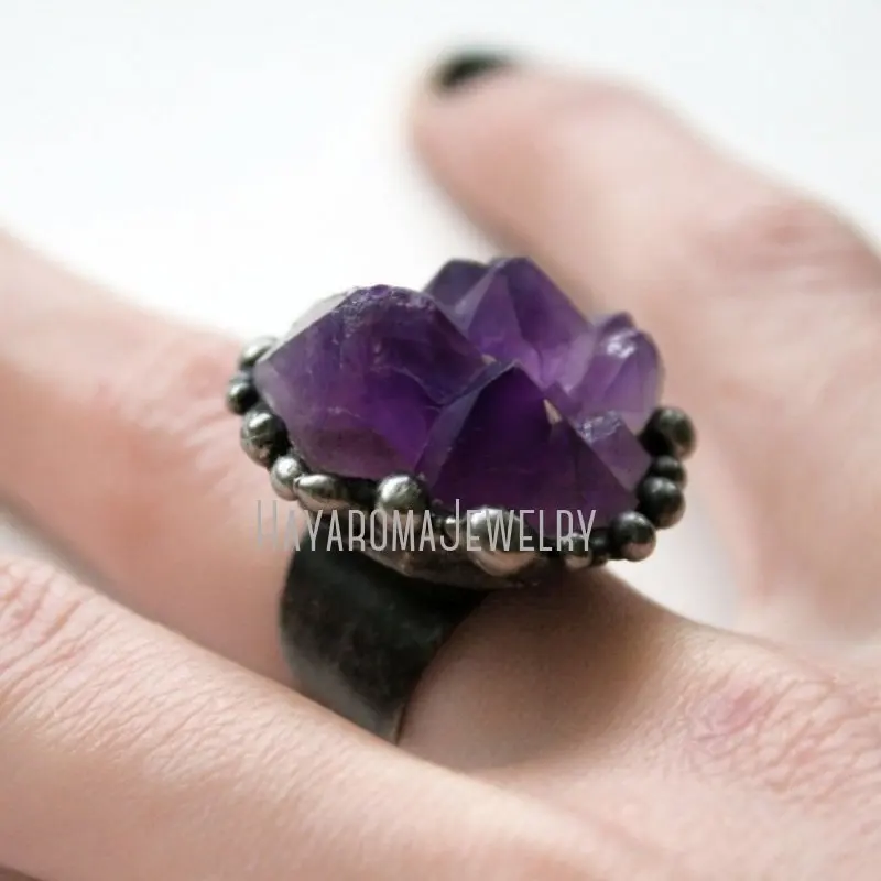 RM43220 Large Amethyst Cluster Crystal Ring Purple Amethyst Crystal
