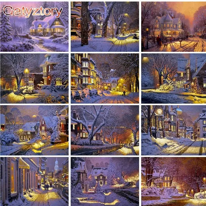 

GATYZTORY Frame Snow House DIY Painting By Numbers Modern Wall Art Picture Acrylic Paint By Numbers Christmas Decoration