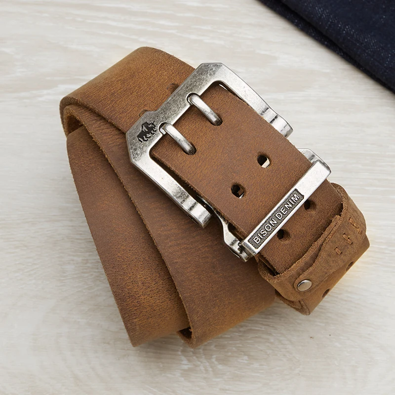 BISONDENIM Luxury Designer Belts Men Vintage Spilt Genuine Leather Pin Buckle Waist Strap Belt Jeans W71794
